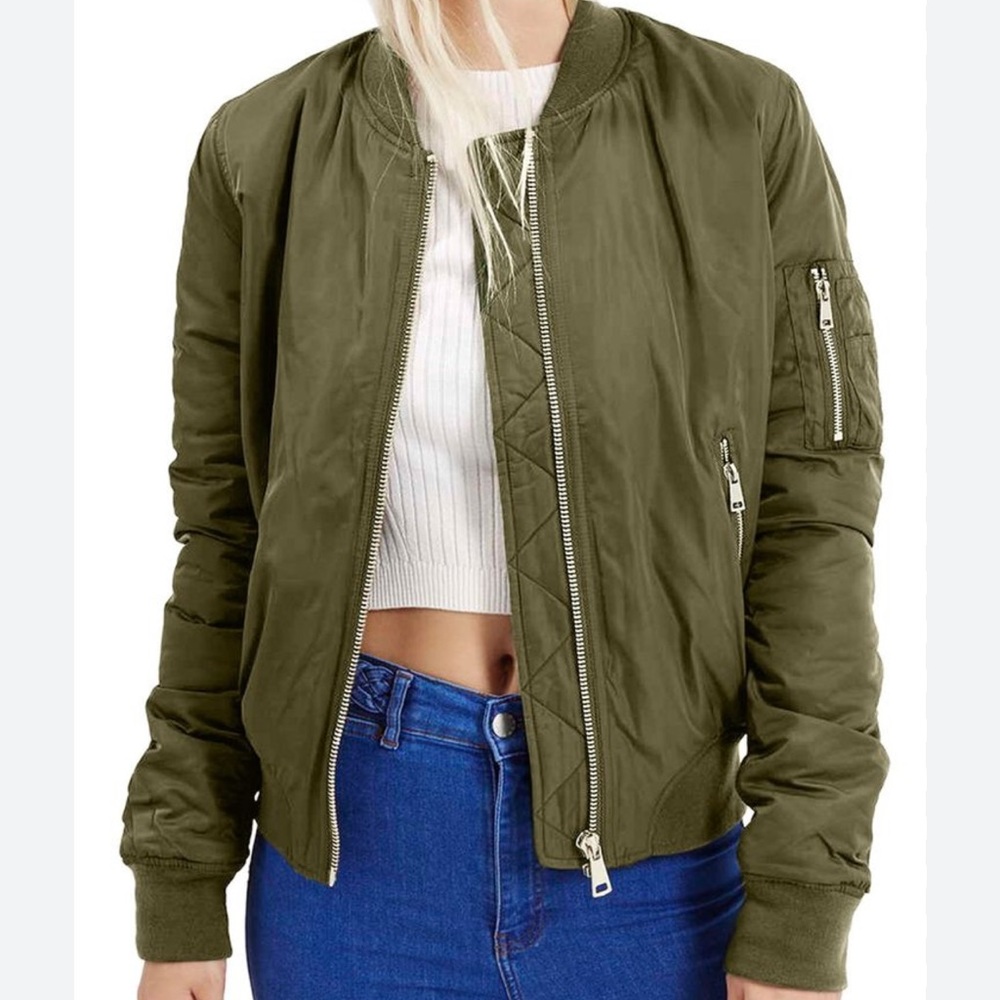 TopShop Green MA1 Bomber Jacket Zip Up Women’s Size 4 US Ruching